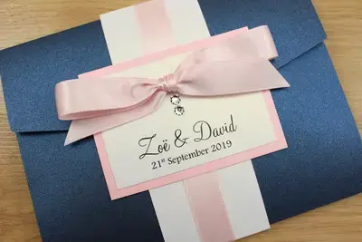Navy Blue, White and Pale Pink Pocketfold Wedding Invitations